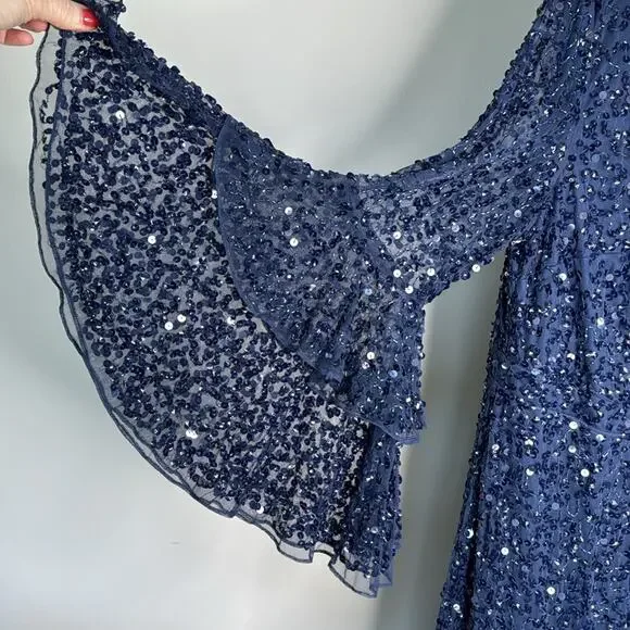 NWT MAC DUGGAL 10802 Navy Fully Sequined Ruffle Tiered 3/4 Sleeve Midi Dress - Picture 5 of 14